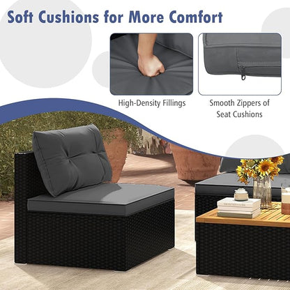 RELAX4LIFE 5-Piece Wicker Outdoor Furniture - PE Rattan Sectional Conversation Set w/4 Armless Sofas & Acacia Wood Coffee Table, Cushioned Patio Sofa Set for Garden Poolside Backyard Porch (Grey)