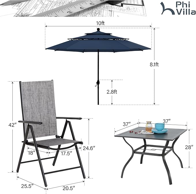 PHI VILLA Outdoor Patio Dining Set with Umbrella (No Base), Patio Table and Chairs Set for 4 with Adjustable Folding Patio Chairs Grey & Metal Square Dining Table
