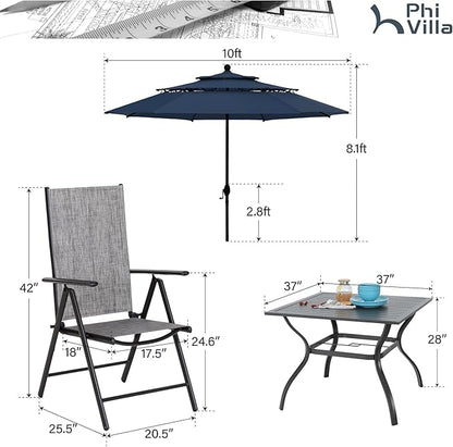 PHI VILLA Outdoor Patio Dining Set with Umbrella (No Base), Patio Table and Chairs Set for 4 with Adjustable Folding Patio Chairs Grey & Metal Square Dining Table