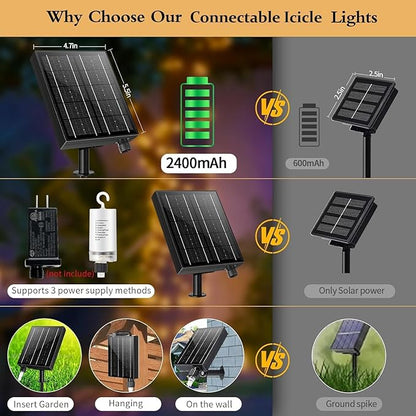 Solar Icicle Christmas Lights Outdoor 66+16Ft 660LED Icicle Lights for Outside with Connectable Rechargeable 8 Modes Remote Dimmable Fairy String Lights for Xmas Yard Eaves Balcony House Decorations