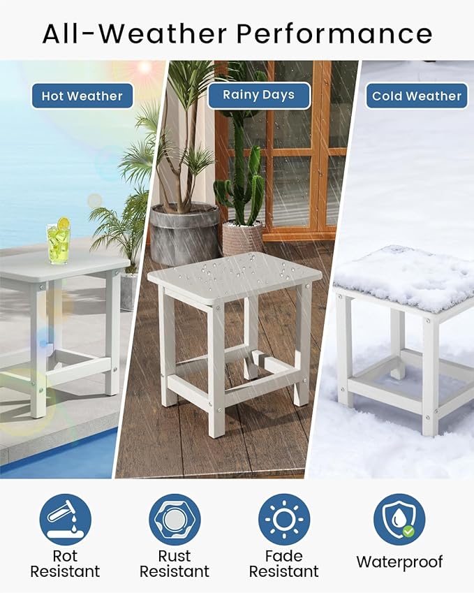 Set of 2 HDPE Outdoor Side Table, Weatherproof Small Outdoor Table for Adirondack, 16.6-Inch Patio Square End Tables for Garden, Backyard, Porch, Deck, Balcony, Poolside (White)