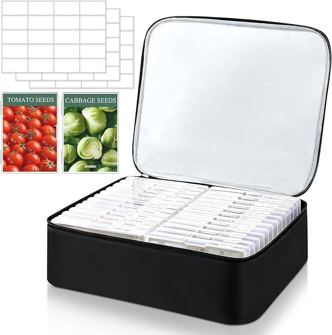 26 Slots Seed Storage Organizer Box, Reusable Oxford Cloth Seeds Storage Container, Holds 80-200 Envelopes, Garden Seed Packet with Insulated Bag and Label Stickers for Vegetable Flower Plants