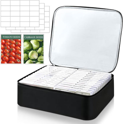 26 Slots Seed Storage Organizer Box, Reusable Oxford Cloth Seeds Storage Container, Holds 80-200 Envelopes, Garden Seed Packet with Insulated Bag and Label Stickers for Vegetable Flower Plants