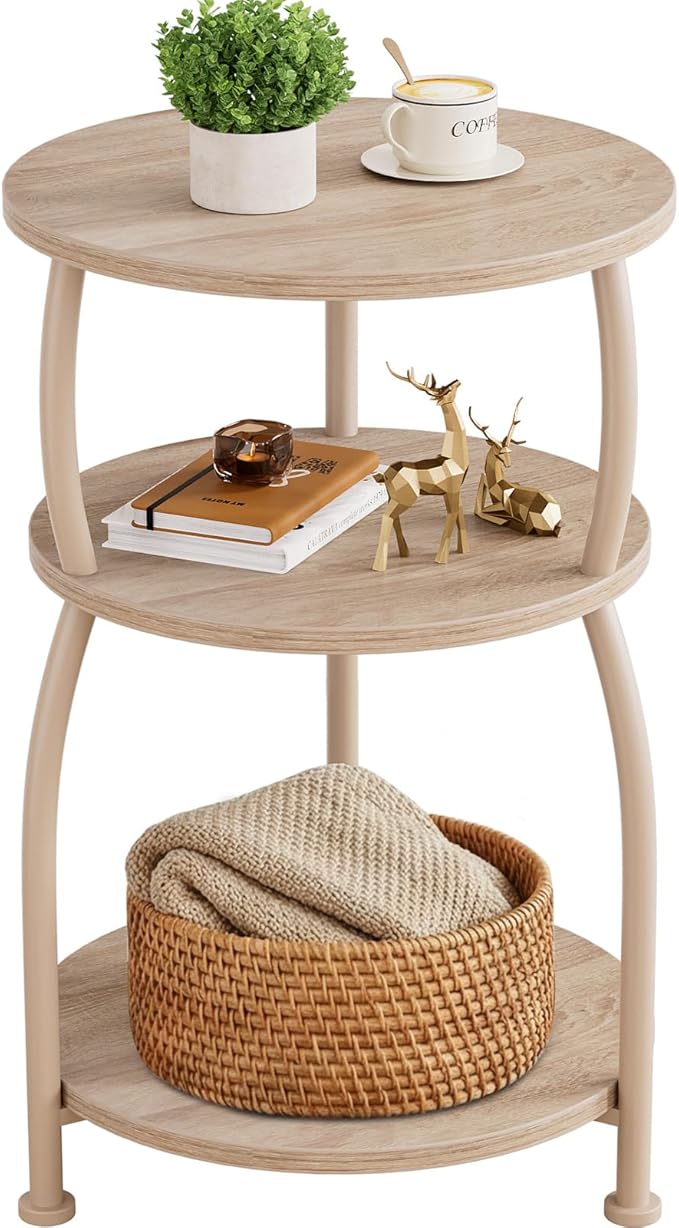Round Side Table, 3-Tier End Table with Storage Shelf, 15.7" Wide Nightstand for Small Spaces, Tall Sofa Table Capable of Holding Laptops & Lamps, Bedside Table for Bedroom & Living Room, Oak