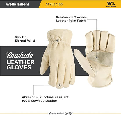Wells Lamont Leather Work Gloves for Men – Grain Cowhide, Reinforced Palm – Ideal for Construction, Farming, Ranching – Ergonomic Fit, Keystone Thumb, Elasticized Wrist – Beige, XX-Large (1130XX)