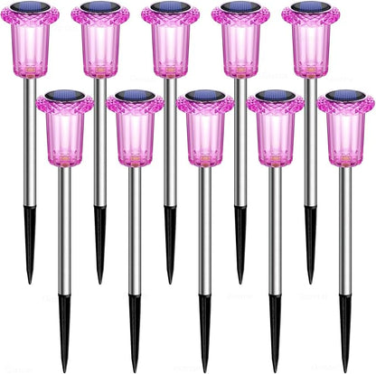 Solar Pathway Lights Gift for Mom 10 Pack Pink Solar Lights Outdoor Waterproof Yard Lighting, LED Stainless Steel Stake for Garden Outside Landscape Lawn Driveway Walkway Path