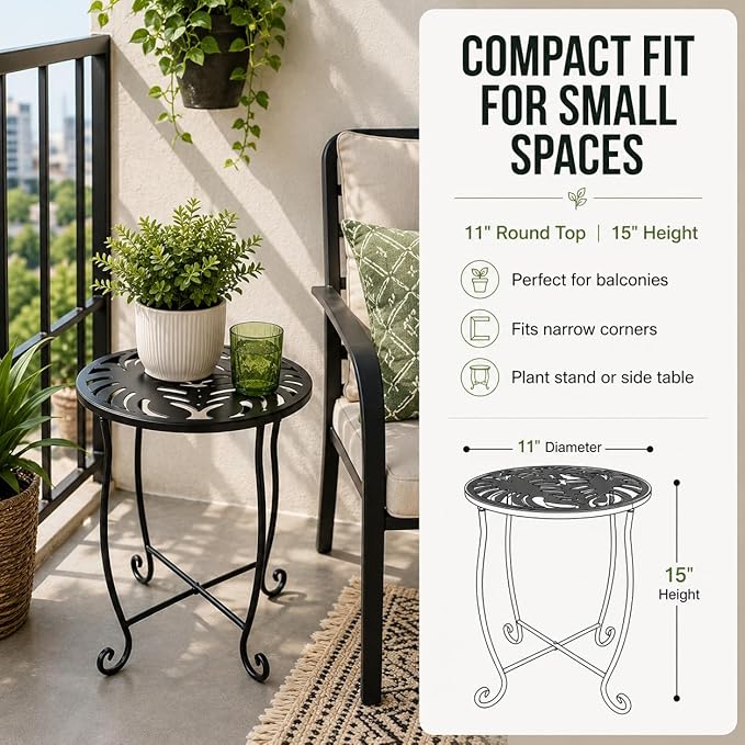 Outdoor Side Table 15 Inch Tall, Tool-Free Metal Patio End Table with Monstera Design, Space Saving Round Stand for Porch Balcony Garden (Monstera)