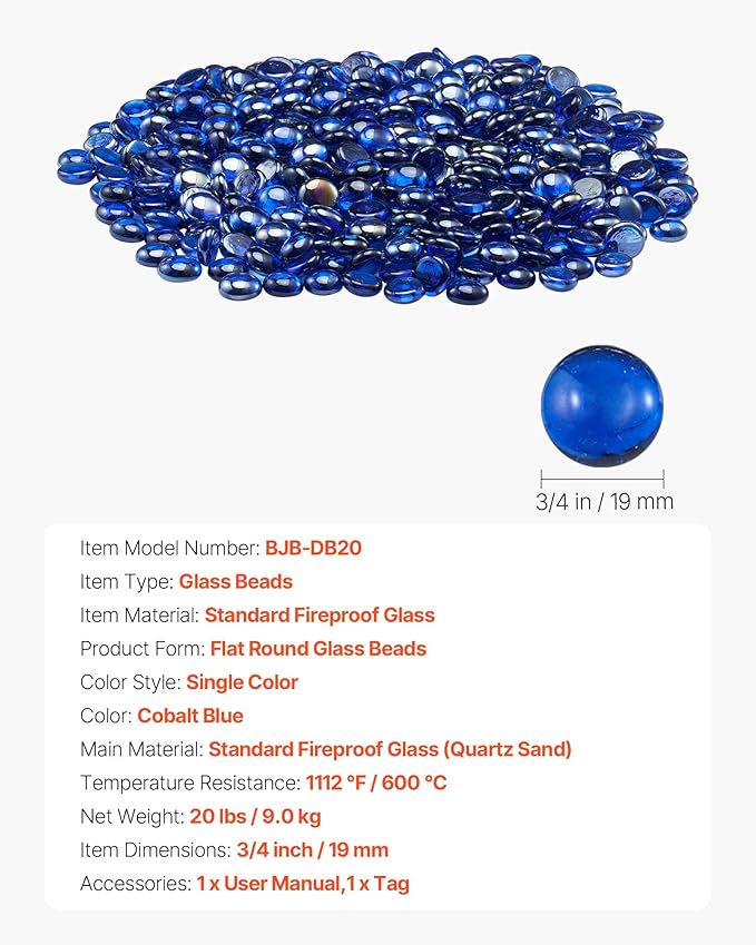 VEVOR Fire Glass, 20LBS / 9KG High-Temperature Resistant Fireplace Rocks, 3/4-Inch / 19.05 mm Reflective & Smokeless Firepit Glass Beads, High Luster Stone Landscaping for Fire Pit Table, Cobalt Blue