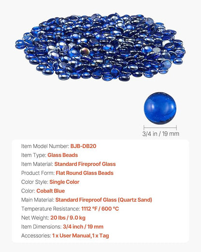VEVOR Fire Glass, 20LBS / 9KG High-Temperature Resistant Fireplace Rocks, 3/4-Inch / 19.05 mm Reflective & Smokeless Firepit Glass Beads, High Luster Stone Landscaping for Fire Pit Table, Cobalt Blue