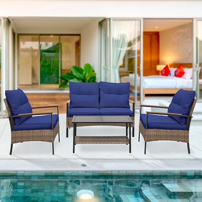 EAGLE PEAK 4 Piece Mojave Dusk Outdoor Conversation Set, Patio Wicker Furniture, Loveseat, 2 Patio Chairs and Coffee Table, Brown/Blue