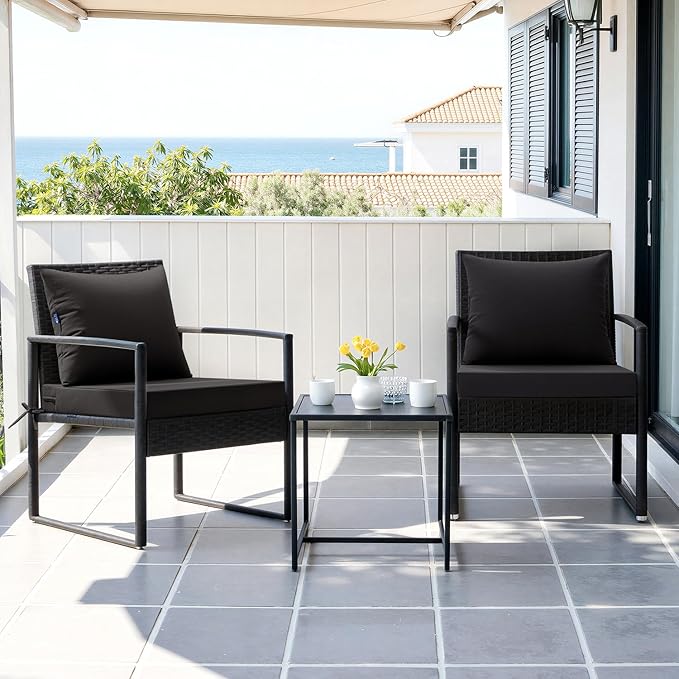 MIULEE Black Outdoor Chair Cushion 24x24 Inch for Patio Furniture Linen Textured Waterproof & 3 Year Color Fastness Seat and Back Couch Cushion with Ties No Slip Design