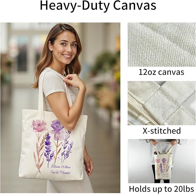 itgowisa Canvas Tote Bag for Women, Tote Bag with Zipper Inner Pocket, Zippered Canvas Bag for Shopping Work Grocery Everyday
