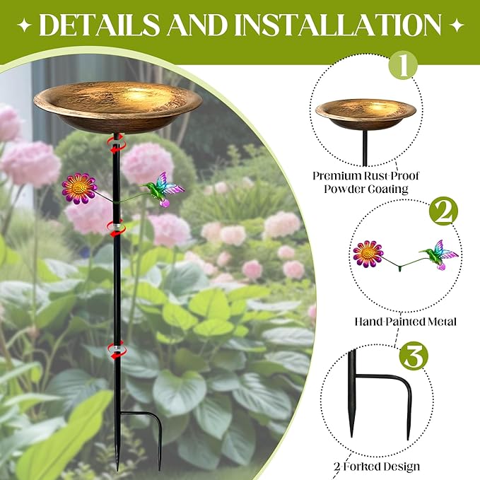Bird Bath for Outdoors,Metal Freestanding Garden Bird Feeder with Decorative Hummingbird & Flower Accent,Vintage Antique Bronze Bowl for Yard,Lawn & Patio Decor(31.5 Inch H-Stake)
