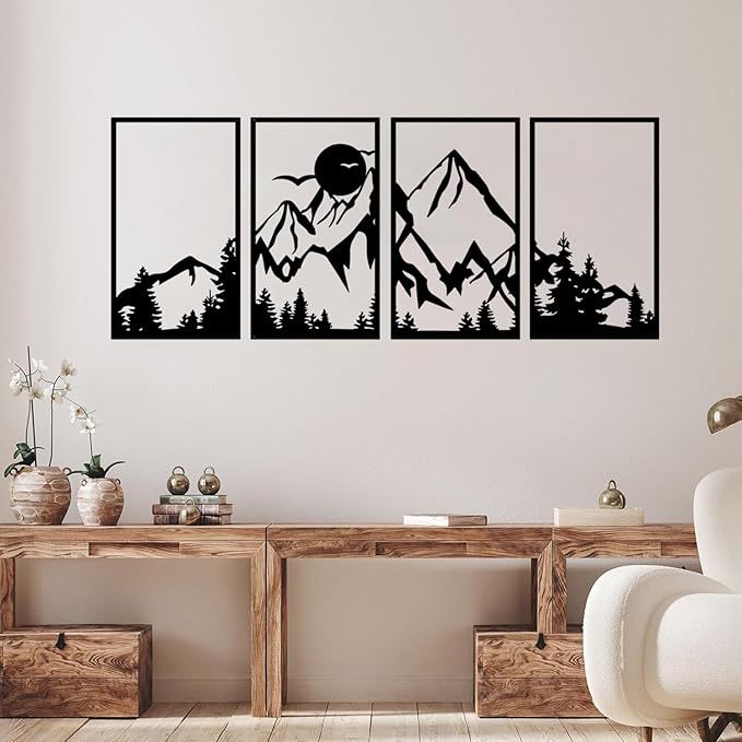 ESTART 4 Pcs Mountain Range Metal Wall Art Decor Summit Metal Wall Sign Rustic Forest Home Decor Sign Mountain Scene Wall Decor Art Hanging for Living Room Bedroom Bathroom Office, 45.3 x 17 Inch