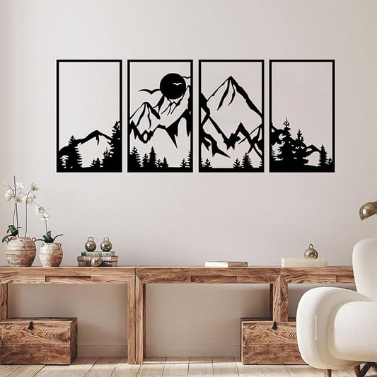 ESTART 4 Pcs Mountain Range Metal Wall Art Decor Summit Metal Wall Sign Rustic Forest Home Decor Sign Mountain Scene Wall Decor Art Hanging for Living Room Bedroom Bathroom Office, 45.3 x 17 Inch