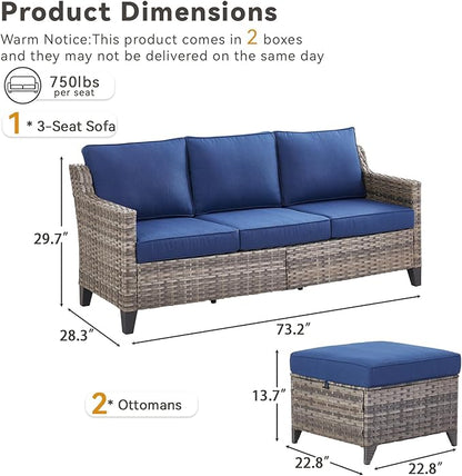 Buenhomino 3 Pieces Patio Furniture Sofa Set-Outdoor Wicker Patio Furniture Covered Couch with Multifunctional Ottoman and All-Weather Patio Conversation Set for Backyard Porch Garden Grey/Blue