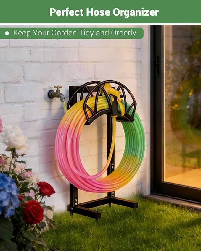 HZE Garden Hose Holder, Freestanding Water Hose Reel Stand for Outside, Heavy Duty Detachable Metal Storage Rack Holds 160 FT for Yard Lawn Farm, Bronze