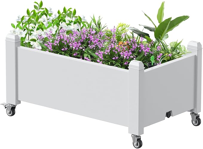 Vixzen Raised Garden Bed with Wheels Outdoor,Resin Weatherproof Planter Box with Drain Hole and Water Level Detector,for Planting Plants Vegetables(Ashen 30.04"×17.72"×17.56"