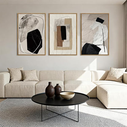 Anyzal Large Black Abstract Framed Wall Art 16x24 Inch Modern Neutral Canvas Wall Decor Beige Grey Minimalist Painting for Living room Bedroom Dining room Set of 3