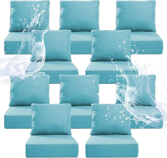 6" Thicker Outdoor Chair Cushion 10 Sets - 24" *24" *6" Waterproof Patio Furniture Cushions with Removable Cover, 28D High Density Sponge Filling Thicken Outdoor Patio Cushions - Turquoise