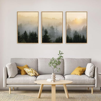 FWIEXA Misty Forest Wall Art Canvas Set, Framed Mountain Wall Decor, 3 Piece Nature Wall Painting, Foggy Pine Tree Landscape Artwork, 16x24 Inches Green Pictures for Living Room, Bedroom, Office, Gift