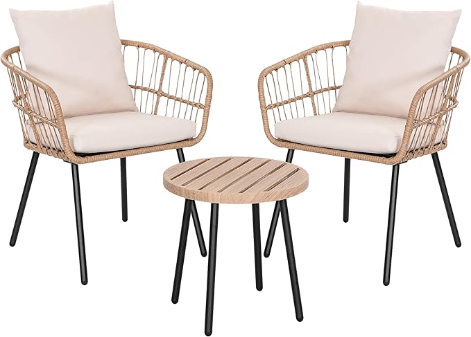 NUU GARDEN 3-Piece Outdoor Bistro Set, PE Wicker Chairs with Cushions and Slatted Metal Side Table, Patio Furniture Conversation Set for Porch, Backyard, Lawn, Poolside, Deck, Beige