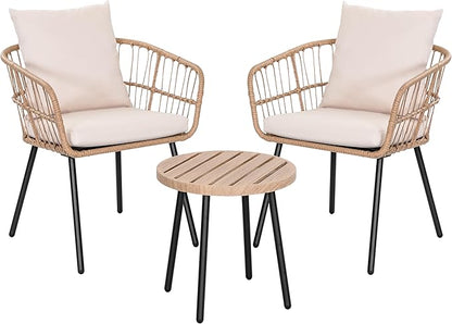 NUU GARDEN 3-Piece Outdoor Bistro Set, PE Wicker Chairs with Cushions and Slatted Metal Side Table, Patio Furniture Conversation Set for Porch, Backyard, Lawn, Poolside, Deck, Beige