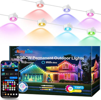 Permanent Outdoor Christmas Lights for House WiFi,150ft Smart RGB+IC Color Eave House Lights,Tunable Warm to Cool White 60lm for Daily Lighting,IP67 Waterproof, Alexa Google APP Remote Control