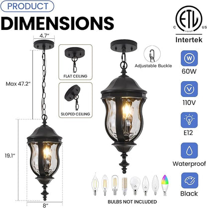 Large Outdoor Pendant Light Fixtures, 19.1'' Exterior Hanging Lantern Porch Light Adjustable, Black Hanging Lamp Farmhouse Exterior Chandelier Ceiling Mount for Entrance Patio