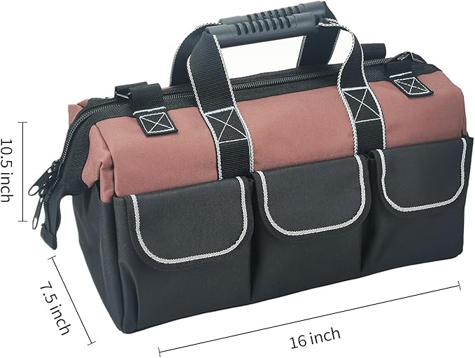 Garden Tools Bag 16 Inch Wide Mouth Tool Bag with Molded Base and Plastic-Padded Inside Pockets for Tool Storage, 600D Polyester Fabric, Brown Color