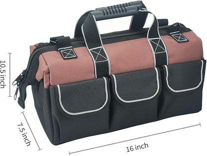 Garden Tools Bag 16 Inch Wide Mouth Tool Bag with Molded Base and Plastic-Padded Inside Pockets for Tool Storage, 600D Polyester Fabric, Brown Color