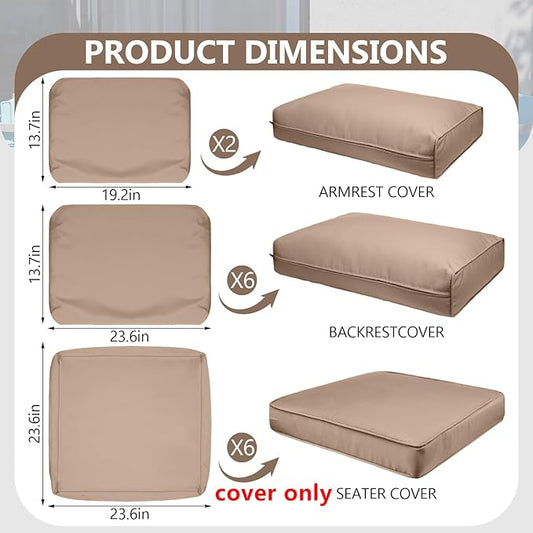 14 Piece Outdoor Patio Waterproof Cushion Covers, Fits 6-Seat Wicker Rattan Sectional Couch Chair Furniture Cover Replacement Set - Fade-Resistant Patio Cushion Covers with Zipper