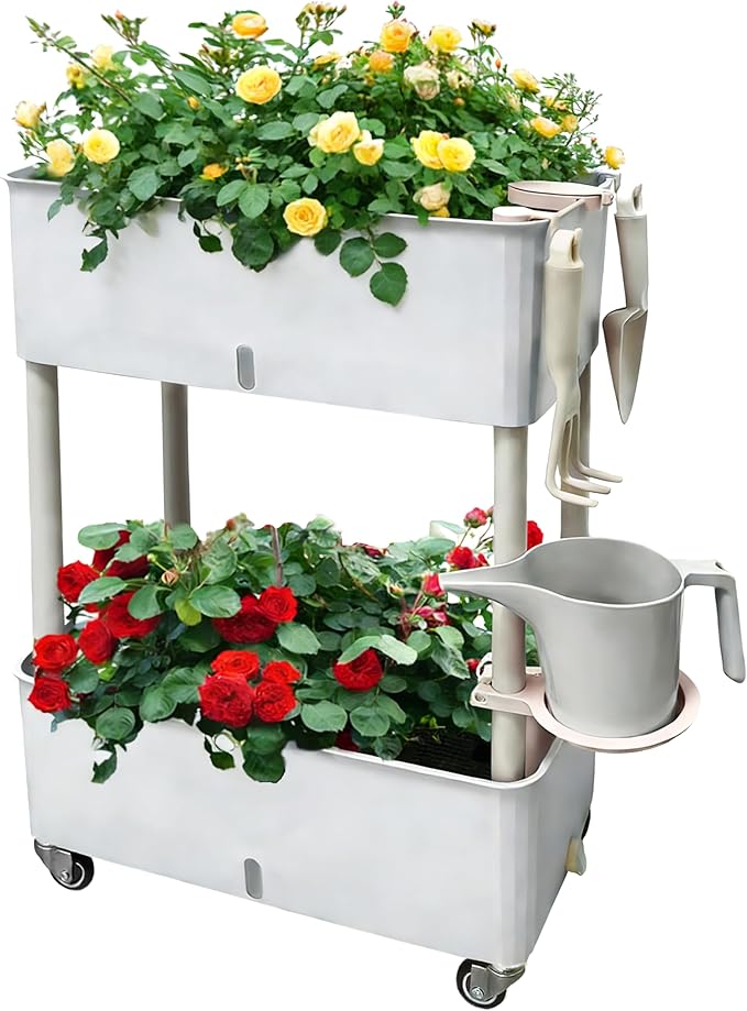 MNKXL Self-Watering Raised Planter Box with Lockable Wheels,2-Tier Elevated Garden Bed with Visible Water Level Window,Indoor Outdoor Plastic Plant Box for Flowers,Vegetables & Herbs