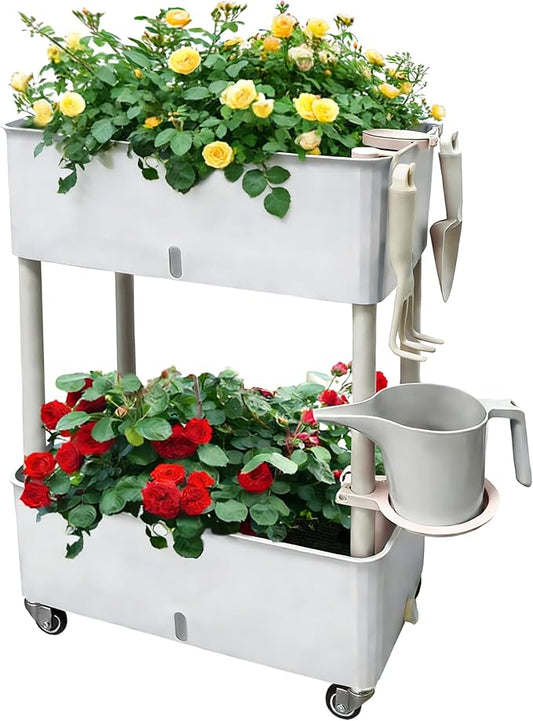 MNKXL Self-Watering Raised Planter Box with Lockable Wheels,2-Tier Elevated Garden Bed with Visible Water Level Window,Indoor Outdoor Plastic Plant Box for Flowers,Vegetables & Herbs