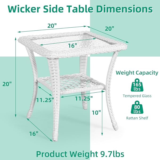 VIVIJASON Outdoor Wicker Side Table, All-Weather Rattan Patio Side Table Bistro Table with 2-Tier, Tempered Glass Top Square End Table for Indoor, Balcony, Garden, Porch, Deck, White