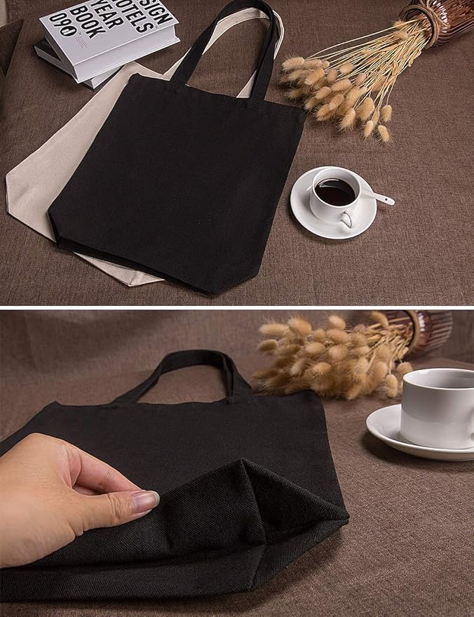 Lily queen Natural Canvas Tote Bags DIY Reusable Shopping Grocery Bag (Black - 6 Pack)