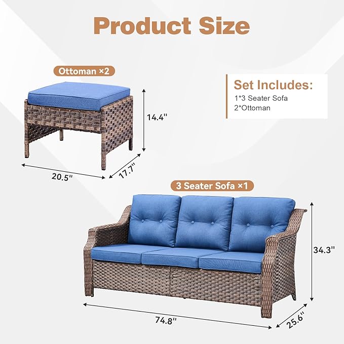 3 Pieces Patio Furniture Sofa Set-Outdoor Wicker Patio Furniture Covered Couch with Multifunctional Ottoman and All-Weather Patio Conversation Set for Backyard Porch Garden Brown/Blue