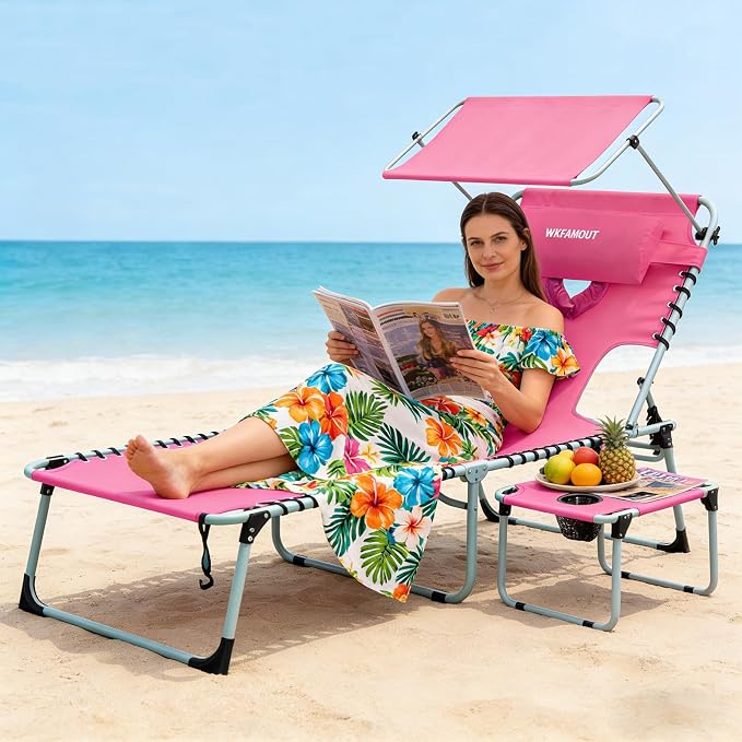 Outdoor Tanning Chair with Sun Canopy Shade & Face Hole, Folding Lounge Chair with Beach Table and Carry Bag for Poolside Sunbathing Lawn