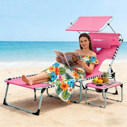 Outdoor Tanning Chair with Sun Canopy Shade & Face Hole, Folding Lounge Chair with Beach Table and Carry Bag for Poolside Sunbathing Lawn