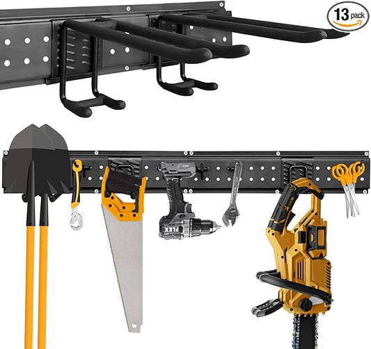 Heavy Duty Garage Wall Tool Organizer – Wall Mounted Storage Rack with Hooks & Panels – Tool Storage System for Garage, Workshop & Garden – Adjustable Hook Positions