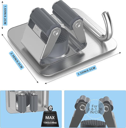 2 Pack Broom Holder Wall Mount, 304 Stainless Steel Mop Organizer with Hooks, No Drill Adhesive and Screw Installation, Rust Proof Storage Rack for Garage, Laundry, Garden, Silver