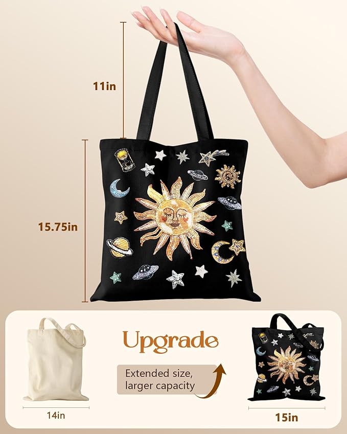 Miss Adola Canvas Tote Bag for Women – Aesthetic Canvas Bag with Zipper Cute Stylish Reusable Shoulder Totes for Shopping Work Daily Vacation, Sun Planets
