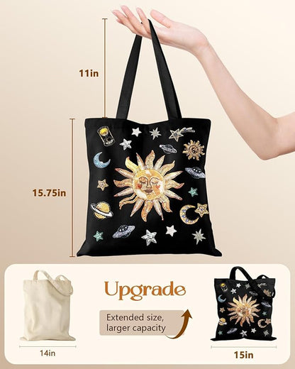 Miss Adola Canvas Tote Bag for Women – Aesthetic Canvas Bag with Zipper Cute Stylish Reusable Shoulder Totes for Shopping Work Daily Vacation, Sun Planets