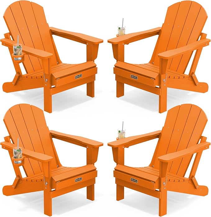 SERWALL Folding Adirondack Chair Set of 4, Weather Resistant HIPS Patio Chairs with Cup Holder for Patio Garden Outdoors Fire Pit Chairs- Orange