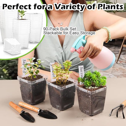 3.3 Inch Clear Nursery Pots with Drainage,90 Pack Square Seedling Pots with Plant Lables,Reusable Seed Starter Pots for Succulents Transplanting Herbs Flowers Tomato Windowsill Gardening