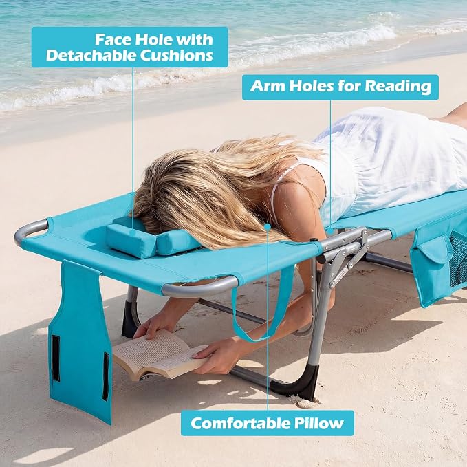 GYMAX Tanning Chair with Face Hole, Sun Bathing Lounge Chairs for Outside with Side Pocket, Folding Portable Face Down Layout Tanning Chair Beach, Backyard, Poolside, Lawn (Turquoise,1)
