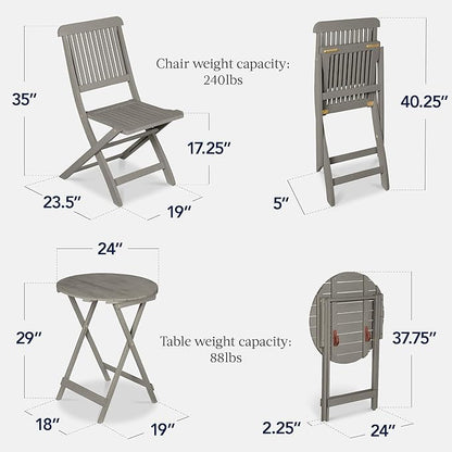 Best Choice Products 3-Piece Acacia Wood Bistro Set, Folding Patio Furniture for Backyard, Balcony, Deck w/ 2 Chairs, Round Coffee Table, Teak Finish - Gray