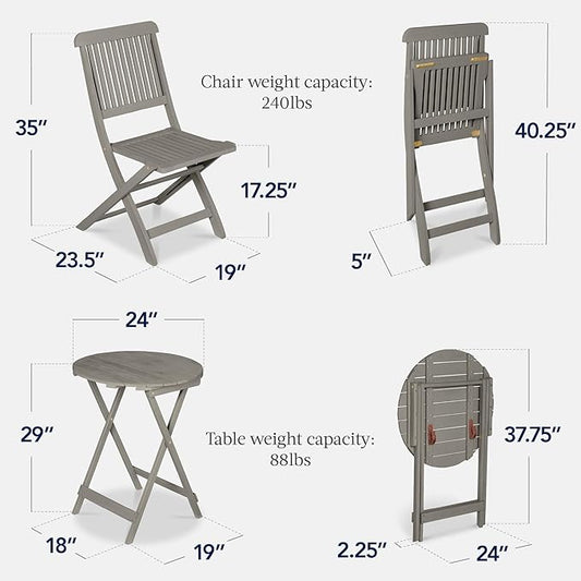 Best Choice Products 3-Piece Acacia Wood Bistro Set, Folding Patio Furniture for Backyard, Balcony, Deck w/ 2 Chairs, Round Coffee Table, Teak Finish - Gray