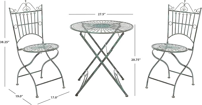 SAFAVIEH Outdoor Collection Belen Victorian Antique Dark Green Wrought Iron 3-Piece Bistro Set