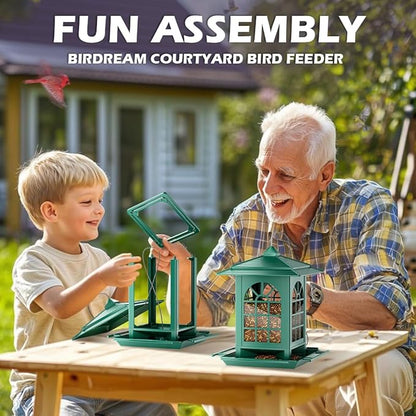 Birdream 2 Pack Bird Feeders for Outdoor Hanging, Assembly Required, 1-Min Easy Setup, Classic Courtyard Design, Attracting Cardinals Chickadees Goldfinches & Sparrows - Green